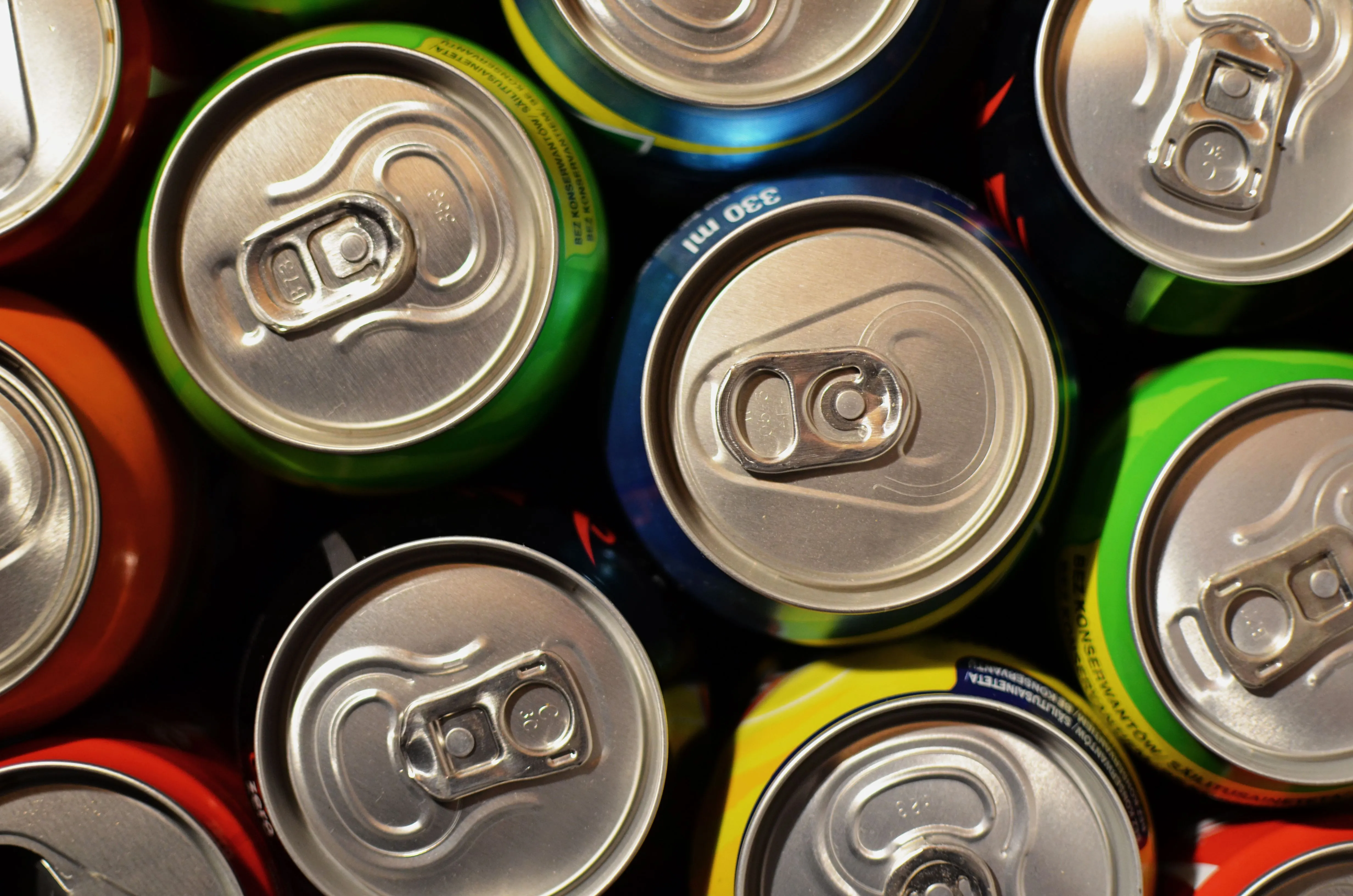A colorful assortment of chilled drink cans